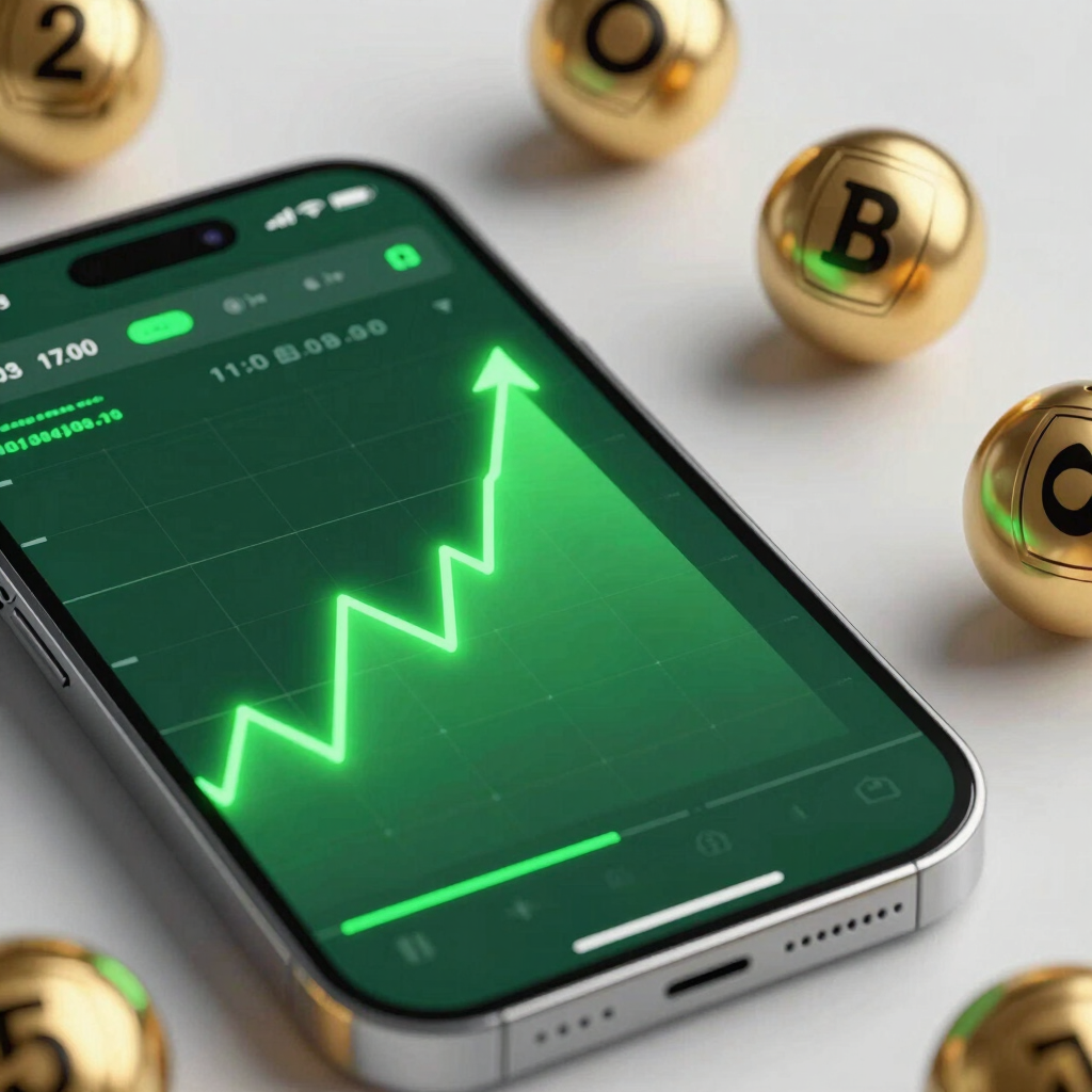Close-up of a high-tech smartphone interface displaying a neon green financial stock chart with glowing upward trends, metallic gold lottery balls floating in the background, octane render, high-contrast studio lighting