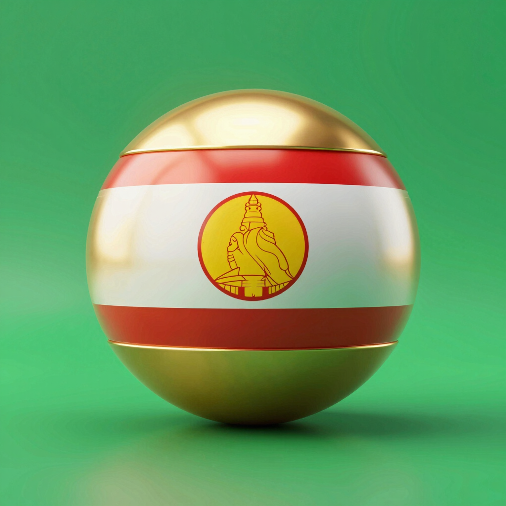 Modern 3D render of a golden lottery ball with Laos national symbol elements, glowing emerald green background, octane render style