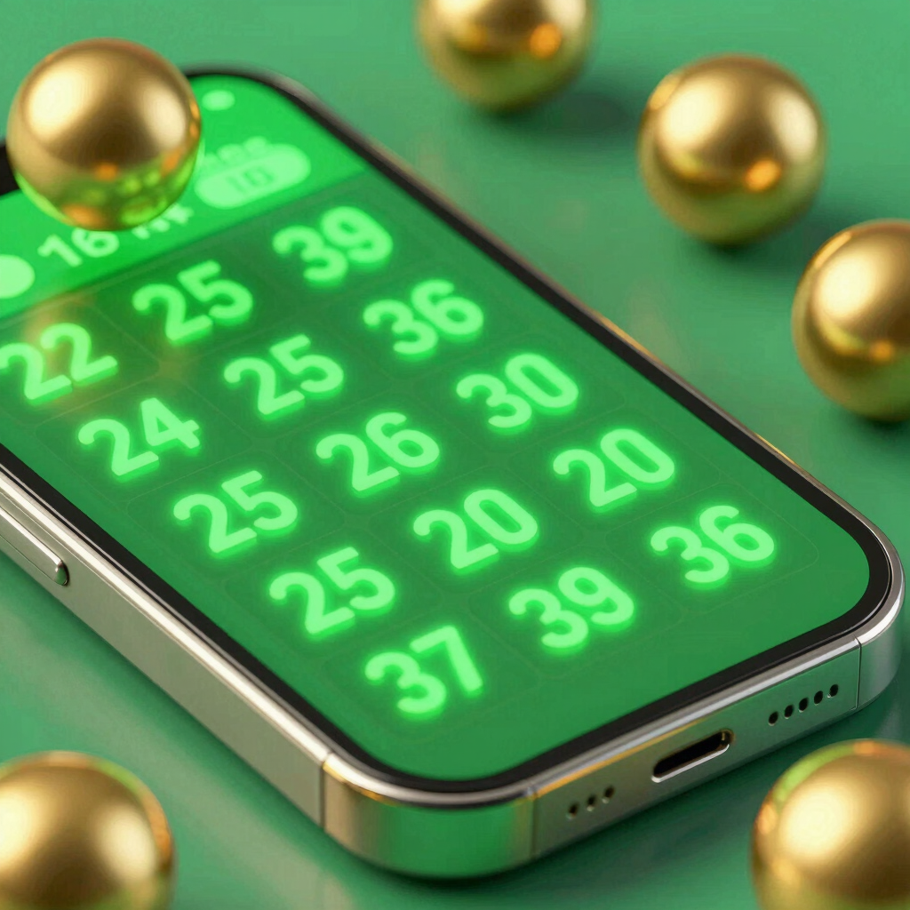 Close-up of a futuristic smartphone screen displaying real-time neon green lottery numbers, golden lottery balls floating in the background, vibrant emerald green and gold lighting, high-contrast metallic textures, modern 3d render, octane render